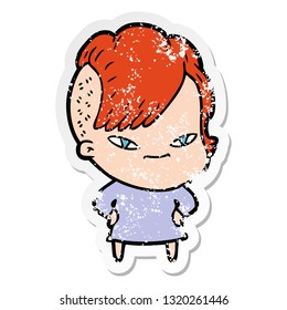 distressed sticker of a cute cartoon girl with hipster haircut