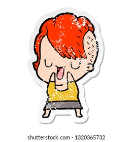 distressed sticker of a cute cartoon girl with hipster haircut