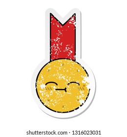 distressed sticker of a cute cartoon gold medal
