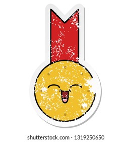 distressed sticker of a cute cartoon gold medal