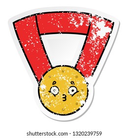 distressed sticker of a cute cartoon gold medal