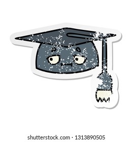 distressed sticker of a cute cartoon graduation hat