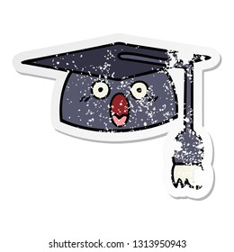distressed sticker of a cute cartoon graduation hat