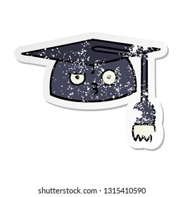 distressed sticker of a cute cartoon graduation hat