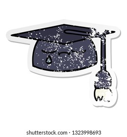 distressed sticker of a cute cartoon graduation hat