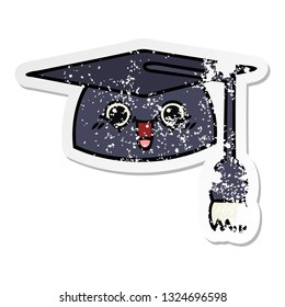distressed sticker of a cute cartoon graduation hat