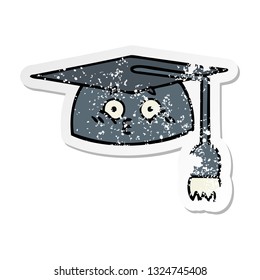 distressed sticker of a cute cartoon graduation hat
