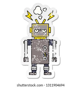 distressed sticker of a cute cartoon malfunctioning robot