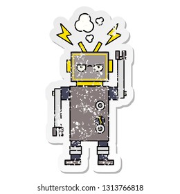 distressed sticker of a cute cartoon malfunctioning robot