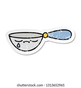 distressed sticker of a cute cartoon measuring spoon