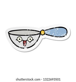 distressed sticker of a cute cartoon measuring spoon