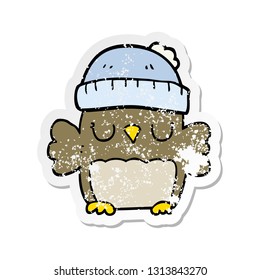 distressed sticker of a cute cartoon owl in hat