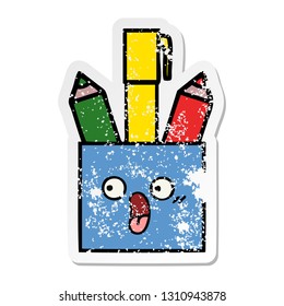 distressed sticker of a cute cartoon pencil pot