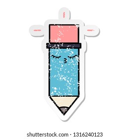 distressed sticker of a cute cartoon pencil