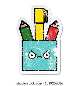distressed sticker of a cute cartoon pencil pot