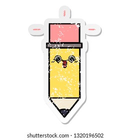 distressed sticker of a cute cartoon pencil