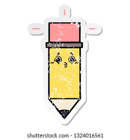 distressed sticker of a cute cartoon pencil