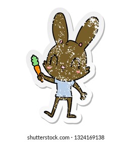 distressed sticker of a cute cartoon rabbit with carrot