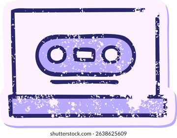 distressed sticker of a cute cartoon retro cassette in bright neon colors