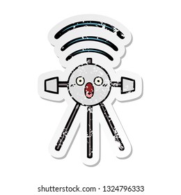 distressed sticker of a cute cartoon satellite