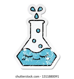 distressed sticker of a cute cartoon science beaker