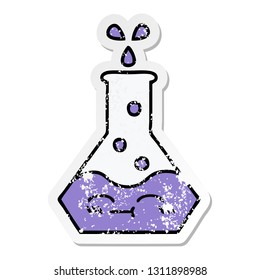 distressed sticker of a cute cartoon science beaker