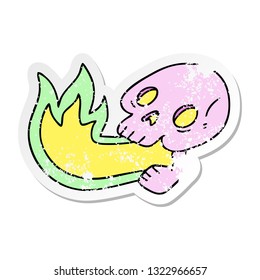 distressed sticker of a fire breathing quirky hand drawn cartoon skull