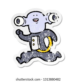 distressed sticker of a friendly cartoon alien running