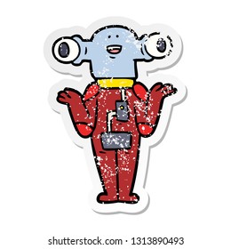 distressed sticker of a friendly cartoon alien shrugging