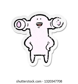 distressed sticker of a friendly cartoon alien