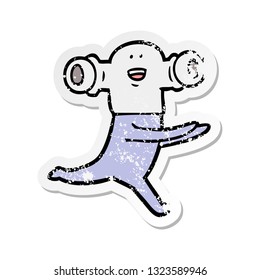 distressed sticker of a friendly cartoon alien running