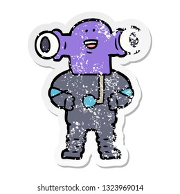 distressed sticker of a friendly cartoon alien