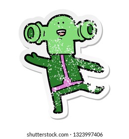 distressed sticker of a friendly cartoon alien