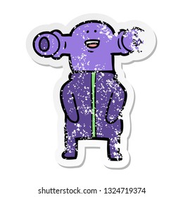 distressed sticker of a friendly cartoon alien