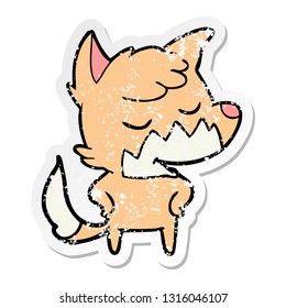distressed sticker of a friendly cartoon fox