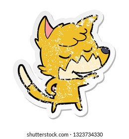 distressed sticker of a friendly cartoon fox
