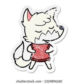 distressed sticker of a friendly cartoon fox
