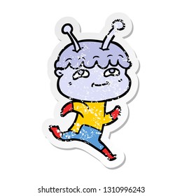distressed sticker of a friendly cartoon spaceman running