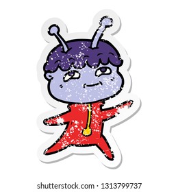 distressed sticker of a friendly cartoon spaceman dancing