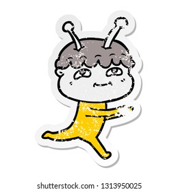 distressed sticker of a friendly cartoon spaceman running