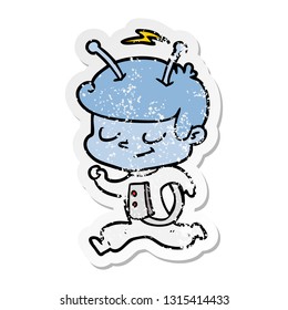 distressed sticker of a friendly cartoon spaceman running