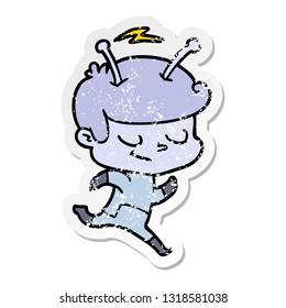 distressed sticker of a friendly cartoon spaceman running