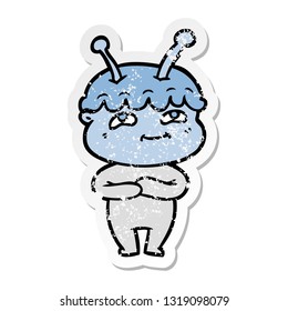 distressed sticker of a friendly cartoon spaceman