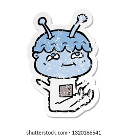distressed sticker of a friendly cartoon spaceman