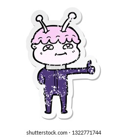 distressed sticker of a friendly cartoon spaceman