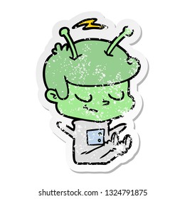 distressed sticker of a friendly cartoon spaceman