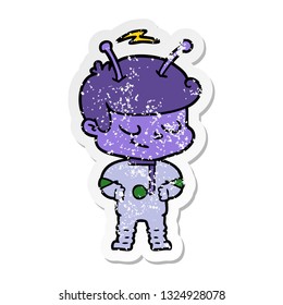 distressed sticker of a friendly cartoon spaceman