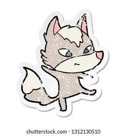 distressed sticker of a friendly cartoon wolf dancing