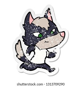 distressed sticker of a friendly cartoon wolf