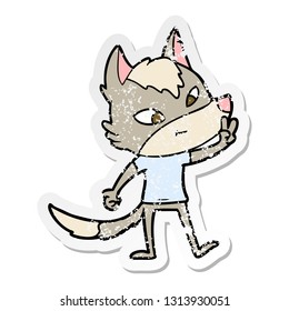 distressed sticker of a friendly cartoon wolf giving peace sign